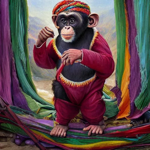 Image similar to beautiful painting by sophie anderson of a chimpanzee wearing traditional men kurdish clothes baggy pants and white shirt with a large sash tied around the waist in a kurdish village, award winning art, insanely detailed, bright colors, global illumination, cute, young, stunning