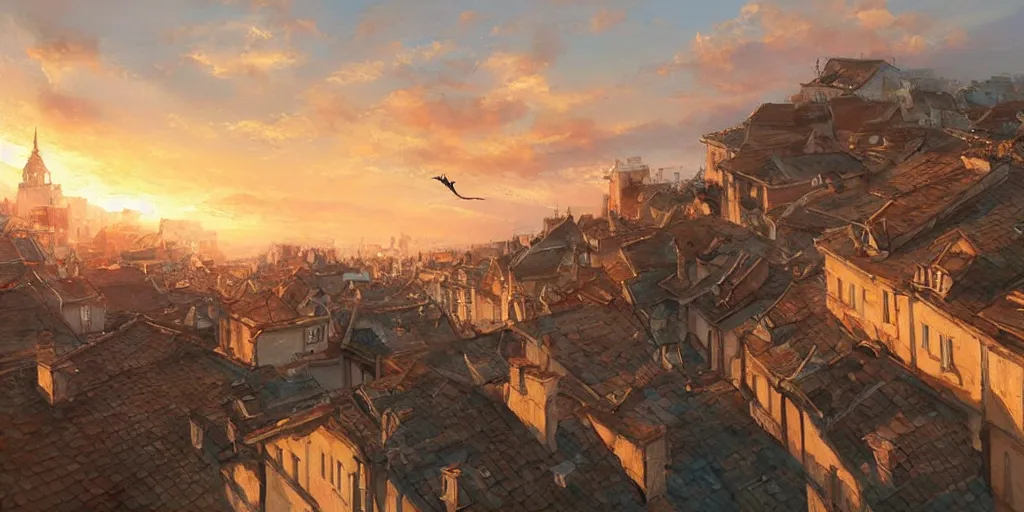 Image similar to stunning painting of a cats running on rooftops during sunset by krenz cushart