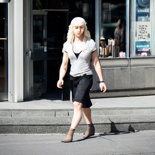 Image similar to a long shot paparazzi photographic of daenerys targaryen walking downtown vancouver, british columbia drinking starbucks, mid day lighting, candid street photography