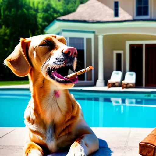 Image similar to a very detailed photo of a dog smoking a cigar outside the mansion by the pool