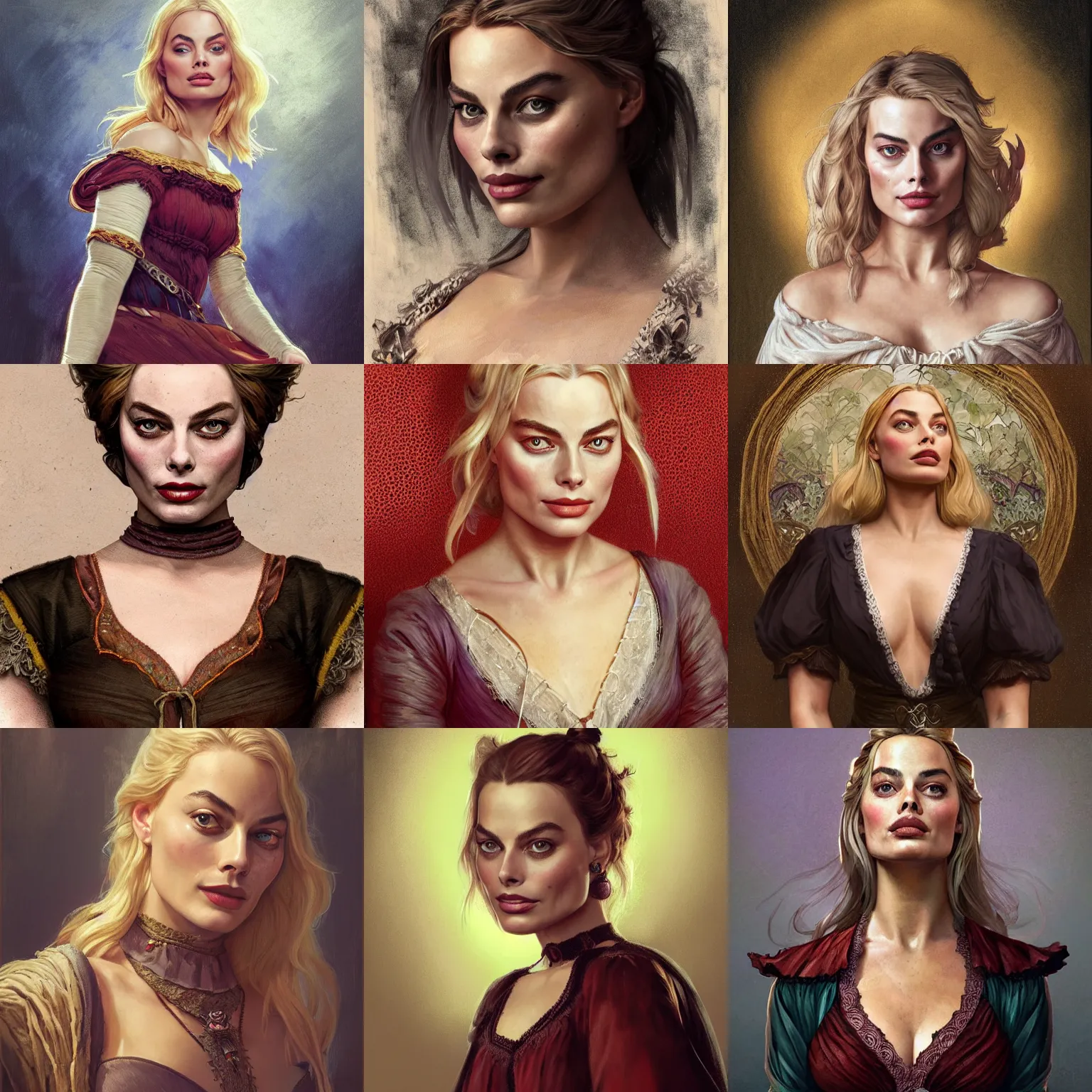 Prompt: Portrait of Margot Robbie, D&D, dark, 14th century, fantasy, portrait, peasant top and lace ,highly detailed, digital painting, spells, trending on artstation, concept art, smooth, illustration, art by artgerm and greg rutkowski and magali villeneuve and Alphonse Mucha and Siraj