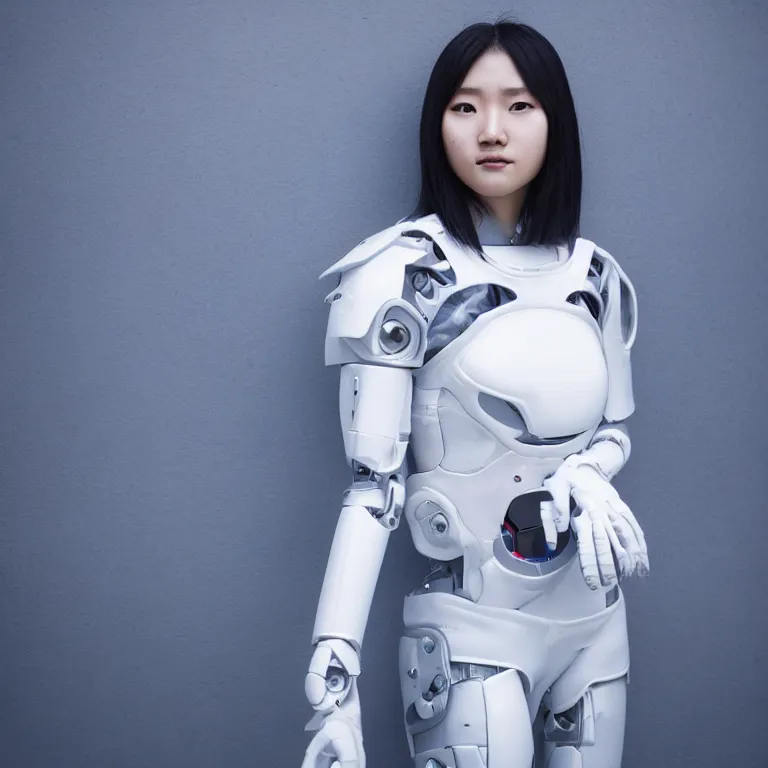 Image similar to high quality photograph of a futuristic asian cyborg girl, fashionable white outfit, blue skin, neotenous, kpop idol apperance, 4 k, portra 4 0 0, 3 5 mm, award winning photography