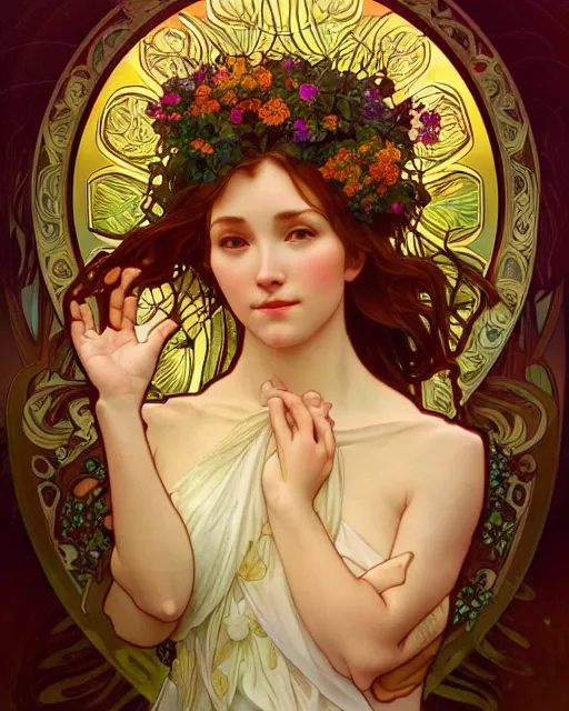 Image similar to portrait of mother nature, wlop, artgerm, flowery overgrowth, alphonse mucha, radiant halo of light, intricately carved mahogany, gilding, artstation