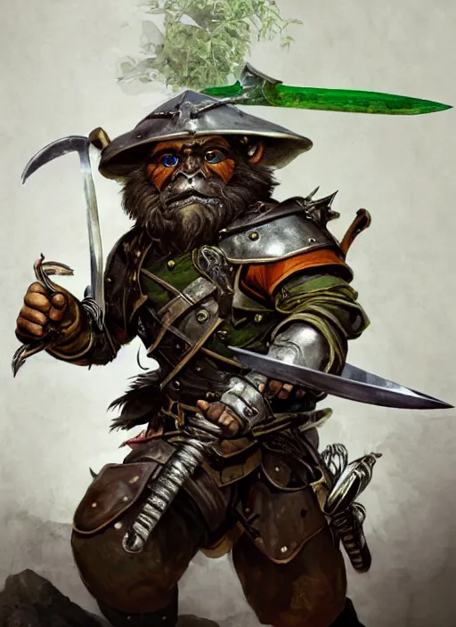 Prompt: photorealistic bugbear ranger holding sword on fire, magic, black beard, dungeons and dragons, pathfinder, roleplaying game art, hunters gear, jeweled ornate leather and steel armour, concept art, character design on white background, by sargent, norman rockwell, makoto shinkai, kim jung giu, artstation trending, poster art, colours red and green