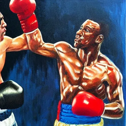 Image similar to rocky i fighting rocky iv oil painting