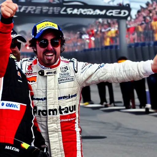 Image similar to high quality photograph of fernando alonso winning the formula 1 world championship together with flavio briatore