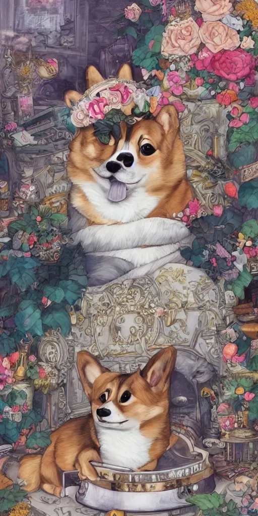 Prompt: highly detailed painting of a lofi hiphop crowned corgi king chilling in his palace, by Anna Dittmann and Hikari Shimoda , trending on Artstation, 8k, masterpiece