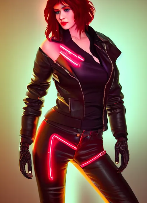 Image similar to pretty young woman with shoulder length shiny shimmering dark red hair and wearing a stuffed leather jacket with the glow of neon lights illuminating her, path traced, highly detailed, high quality, digital painting, by cd projekt red, cyberpunk,