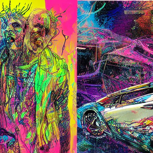 Prompt: psychedelic corvette illustrations by ralph steadman and bill sienkiewicz and carne griffiths