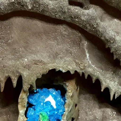 Image similar to dinosaur skeleton in a crystal geode