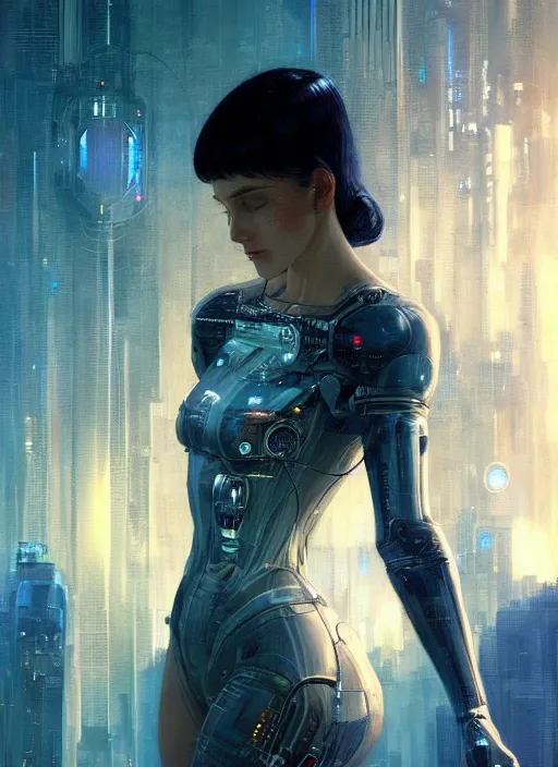 Prompt: beautiful young woman, gorgeous face, bladerunner city landscape, cybernetic, wires, technology, vaporwave aesthetic, synthwave, intricate, elegant, highly detailed, digital painting, artstation, concept art, smooth, sharp focus, illustration, art by artgerm and greg rutkowski and alphonse mucha