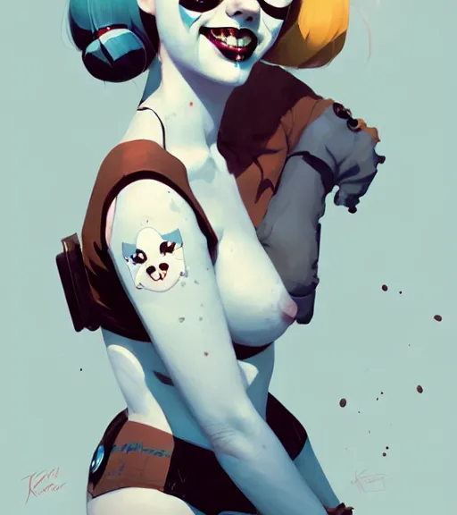 Prompt: portrait of cute harley quinn by atey ghailan, by greg rutkowski, by greg tocchini, by james gilleard, by joe fenton, by kaethe butcher, dynamic lighting, gradient light blue, brown, blonde cream and white color scheme, grunge aesthetic