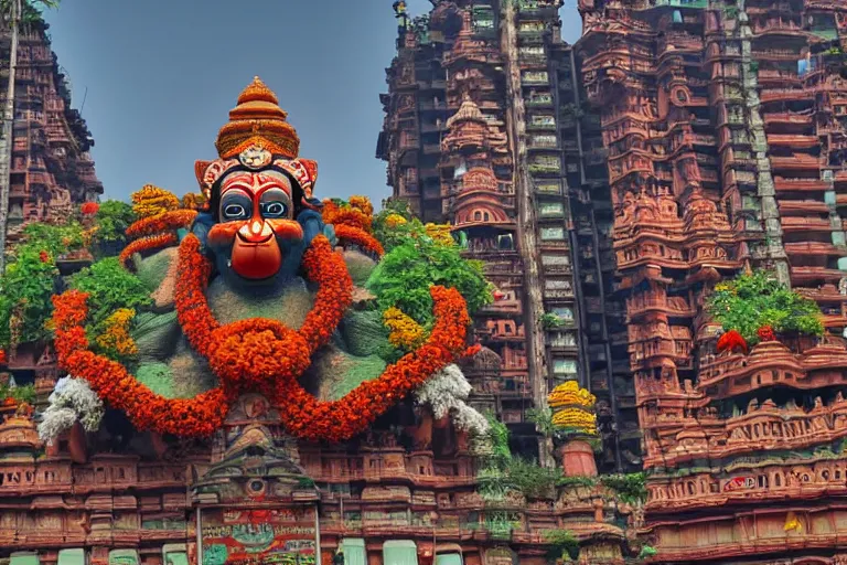 Image similar to high quality 3 d flowerpunk biomorphic hanuman head building in the middle of mumbai!!, kalighat highly detailed, cinematic smooth, stephen shore & john j. park, soft morning light, wide shot, high angle, uhd 8 k, deep focus