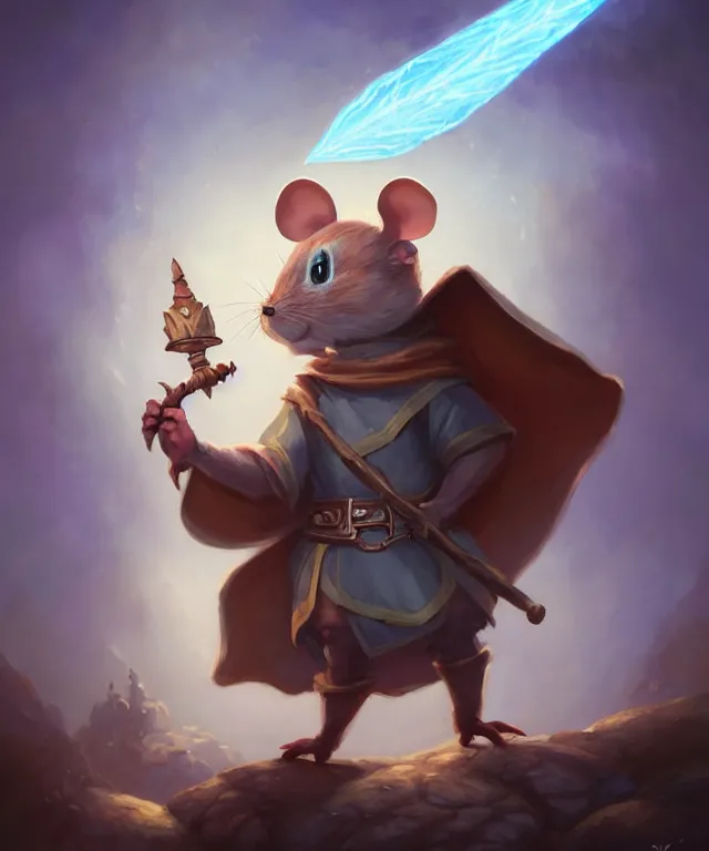 Image similar to anthropomorphic mouse mage, mage cloak, holding a large prismatic staff, standing in a beautiful landscape, cute and adorable, dnd character art portrait, matte fantasy painting, deviantart artstation, by jason felix by steve argyle by tyler jacobson by peter mohrbacher, cinematic lighting