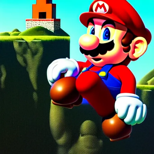 Image similar to Mario is ascending, photorealistic, desolate, terrifying, weird, strange, odd, uncanny, hyper realism, highly detailed, photorealism, smooth gradients, high contrast, photorealistic