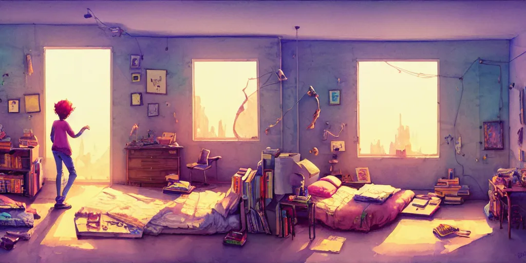 Image similar to room in the canyons, the room is messy and unorganized, bed is not made, trinkets and books everywhere, detailed, artstation, 8 k, sci - fi, pastel colors, props, panel, concept, simon stalenhag, in watercolor gouache detailed paintings, moebius, blueprint, building, living room, detailed, posters, sofa