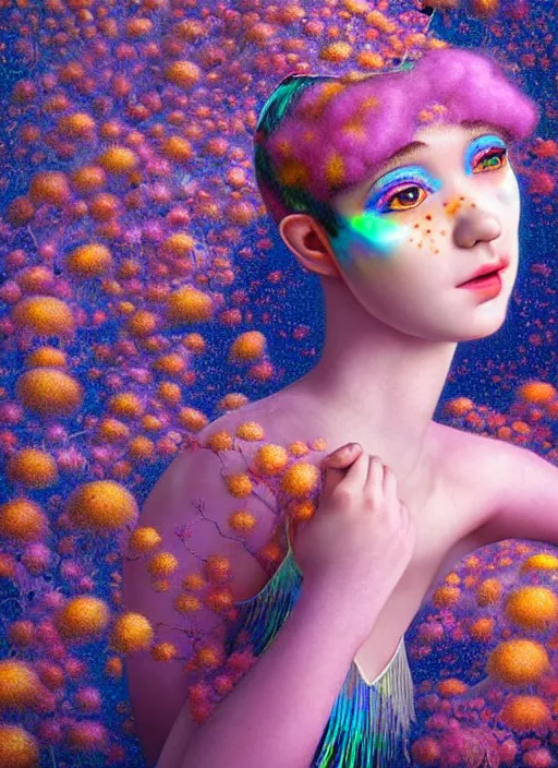 Image similar to hyper detailed 3d render like a Oil painting - kawaii portrait Aurora (ancient black haired flapper girl fae acrobat) seen Eating of the Strangling network of yellowcake aerochrome and milky Fruit and Her delicate Hands hold of gossamer polyp blossoms bring iridescent fungal flowers whose spores black the foolish stars by Jacek Yerka, Mariusz Lewandowski, Houdini algorithmic generative render, Abstract brush strokes, Masterpiece, Edward Hopper and James Gilleard, Zdzislaw Beksinski, Mark Ryden, Wolfgang Lettl, hints of Yayoi Kasuma, octane render, 8k