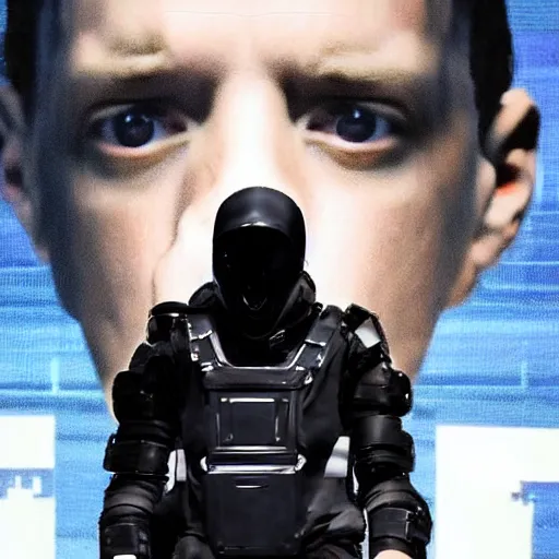 Prompt: eminem wearing a futuristic full face ballistic mask which is large video screen image of eminem's face, and he is wearing black leather exoskeleton mechanical body armor. a mini - gun is attached to the end of a robot arm that mounted on his shoulder - h 6 4 0