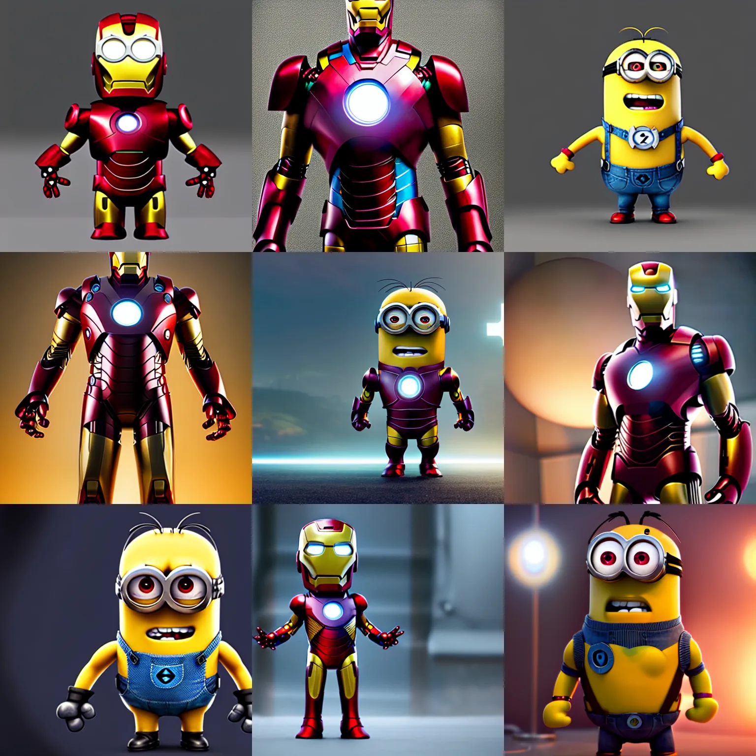 Image similar to minion iron man, full body, uhd, hyperrealistic render, pixar, 4 k, cyberpunk, cgsociety