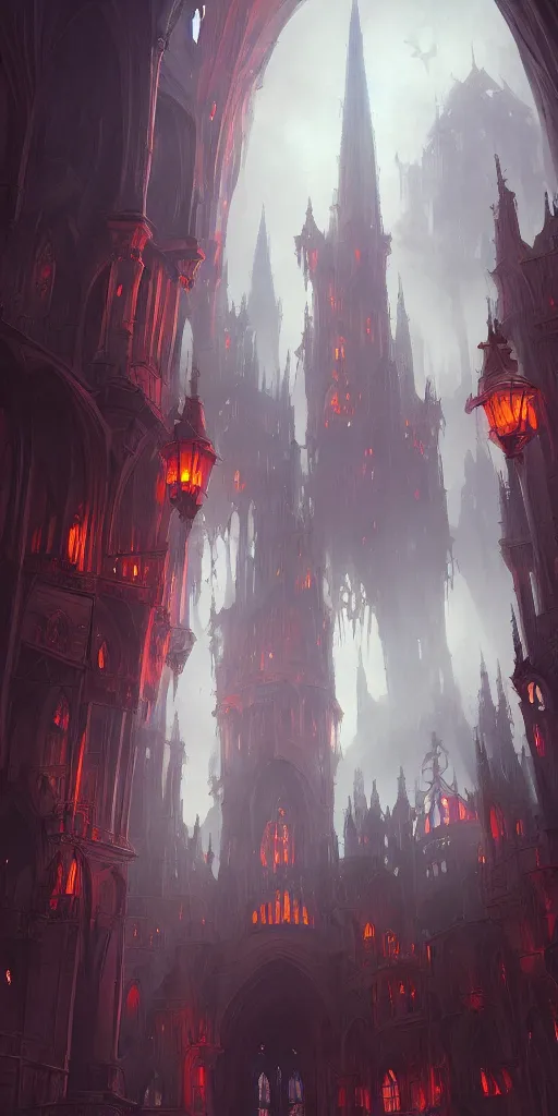 Image similar to infeior Gothic architecture,concept art, digital painting, style of jordan grimmer, warm lighting, futuristic, volumetric lighting, view from below, vivid colours, bright, nighttime, godrays, cinematic,high detail