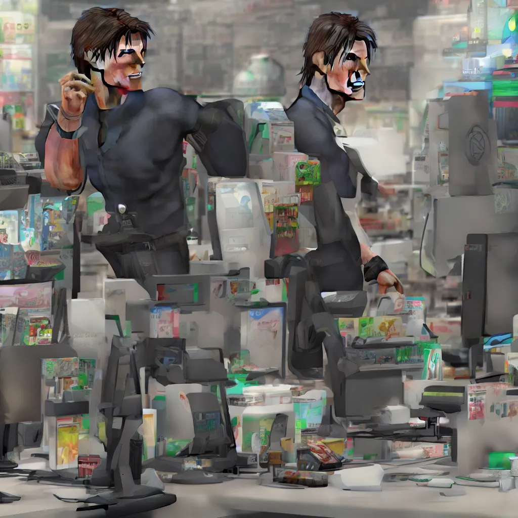 Image similar to Tom Cruise working as a 7/11 cashier, artstation, octane render, 8k, HD