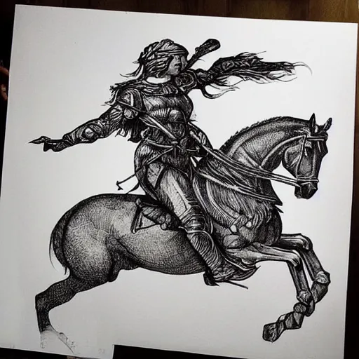 Prompt: “8k ink drawing of Diana huntress, Horses in run, intricate in style of Michelangelo and Albrecht Durer, hand made paper”