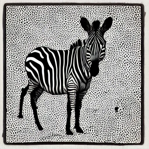 Prompt: “painted zebra camouflaged, dotart, album art in the style of James Jean”