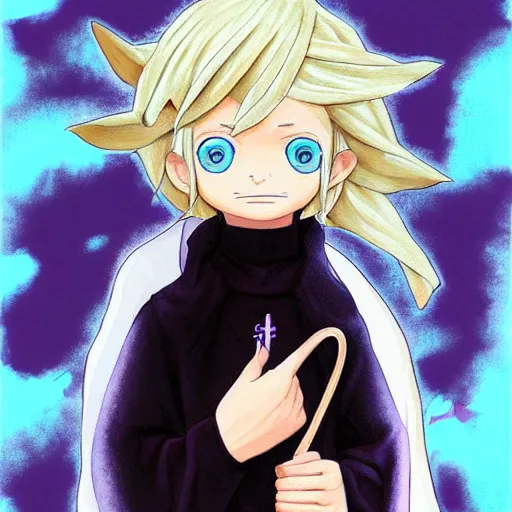 Image similar to little boy wearing nun outfit, blonde hair, blue eyes. purple and black color palate, detailed soft painting, made in abyss art style, inspired in hirohiko araki, anatomically correct