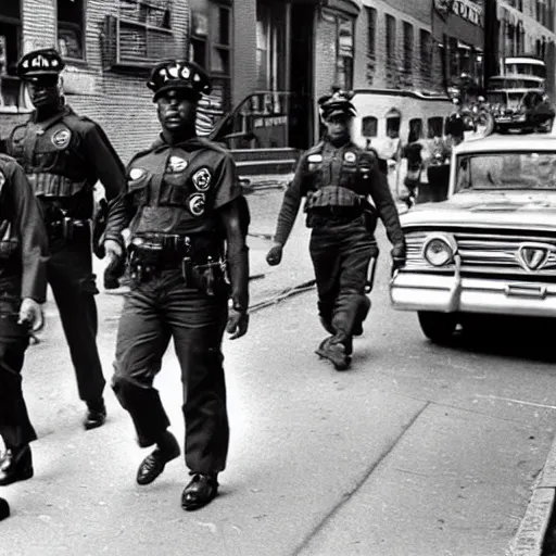 Image similar to paw patrol as cops in new york city, old historical photograph, 1 9 6 5, on the streets of harlem, artistic, gritty, heroic