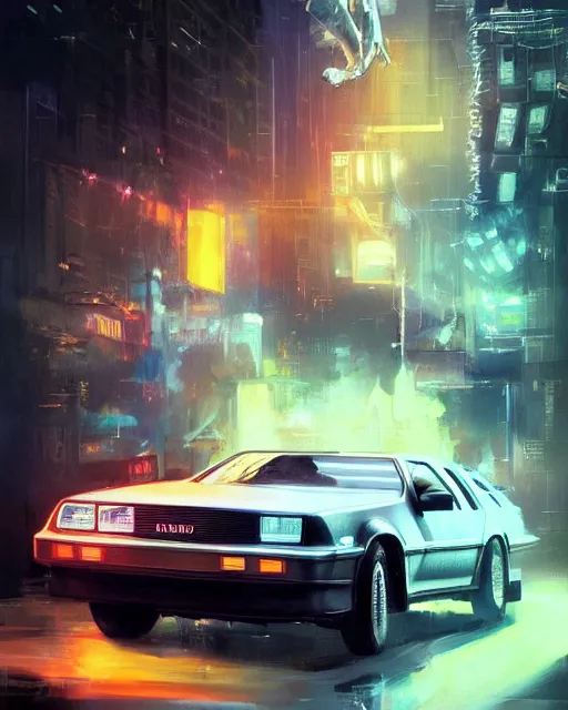 Image similar to donald trump and doc emmett brown in a flying delorean, neon lights, illustration, rim light, top light, perfectly shaded, spring time, slight overcast lighting, soft painting, art by krenz cushart and wenjun lin