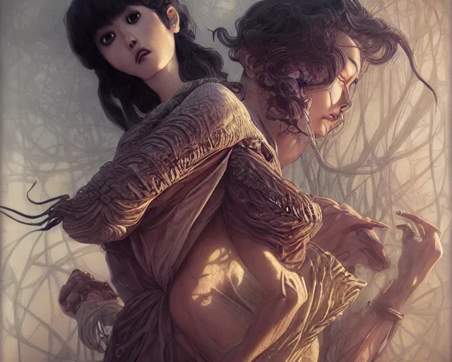 Image similar to photography of junji ito, deep focus, d & d, fantasy, intricate, elegant, highly detailed, digital painting, artstation, concept art, matte, sharp focus, illustration, hearthstone, art by artgerm and greg rutkowski and alphonse mucha