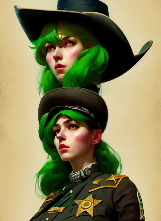 Image similar to female sheriff, beautiful girl, full body, green hair, cowboy hat, realistic, serov, surikov, vasnetsov, repin, kramskoi, insanely detailed, charlie bowater, tom bagshaw, high resolution, octane rendered, unreal engine, illustration, trending on artstation, masterpiece, 8 k