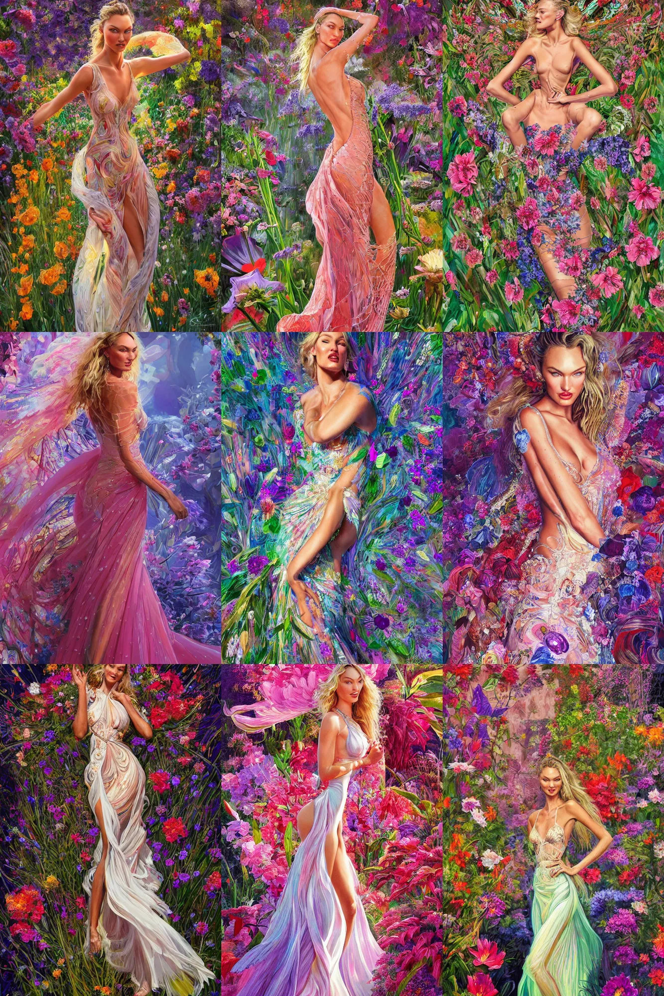 Prompt: hyperdetailed portrait of candice swanepoel, hyperdetailed background flower garden, dynamic pose, flowing gown, glowing lights, intricate, elegant, digital painting, artstation, smooth, in the style of norman rockwell