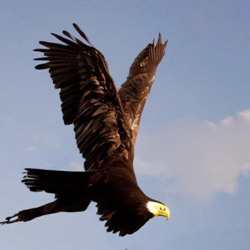 Image similar to alec baldwin on a giant eagle flying high in a sky, photo