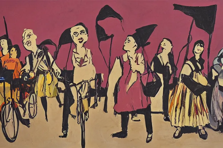 Prompt: feminist revolution, lisbon city at night, art in the style of paula rego