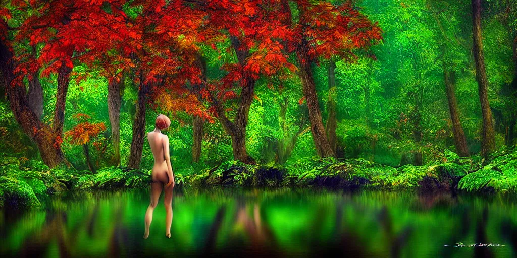 Image similar to beautiful dryads, paradise forest, colorful leaves, reflections, river, grove glen, digital art, trending on deviantart