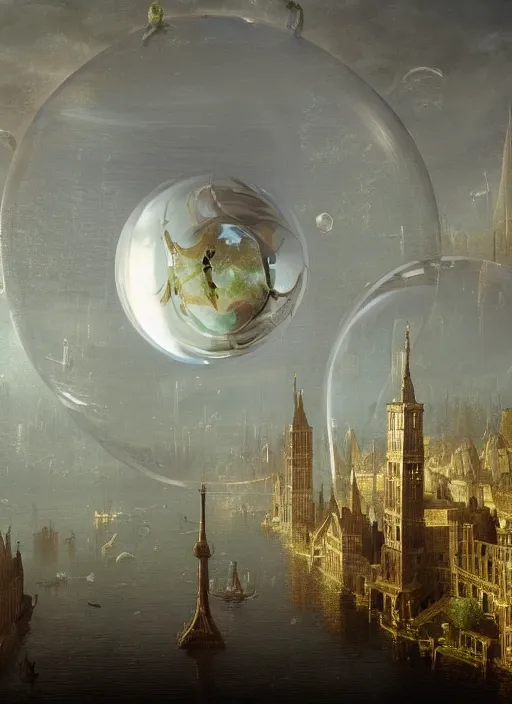 Image similar to a giant water bubble with a reflection of a city, modern fine art, fractal, intricate, elegant, highly detailed,, by jheronimus bosch and greg rutkowski,