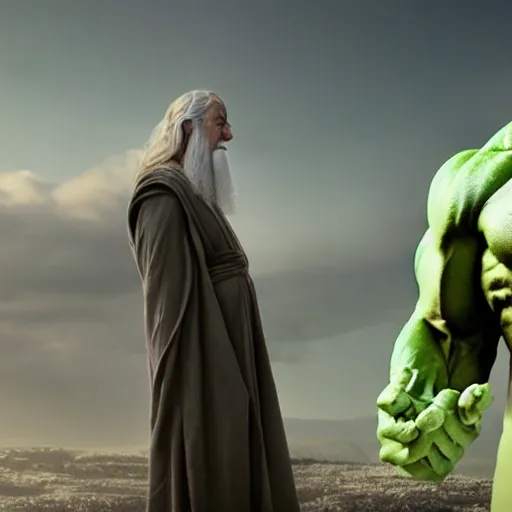 Image similar to film still of gandalf starring as the hulk, realistic extremely detailed photo style painting, granular detail, holographic krypton ion, octane render, 4 k, f 3 2, 5 5 mm photography, wide angle