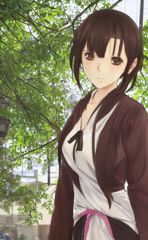 Image similar to anime style, gta 5, portrait of girl, yukata clothing, sakura tree in background, brown short hair, hair down, symmetrical facial features, from arknights, hyper realistic, shoulder eyes, extreme detail, 4 k drawing, safebooru, realistic lighting, by alphonse mucha, greg rutkowski, sharp focus, backlit