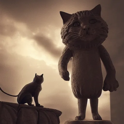 Prompt: an adventurer discovering a giant statue of a cat staring at him, moody, fantasy, dark atmosphere, digital art, trending on artstation