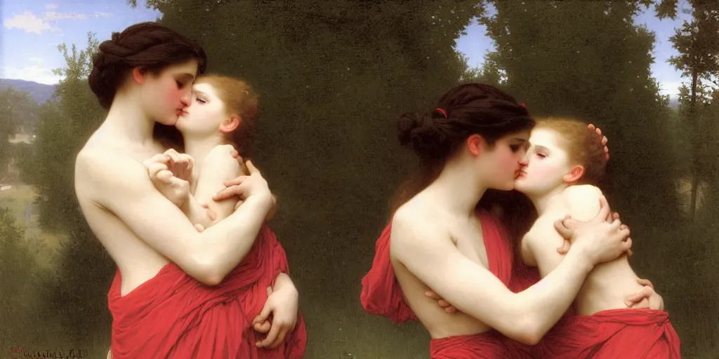 Image similar to The kiss, painted by William-Adolphe Bouguereau