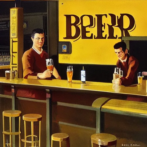 Image similar to A pint of beer sitting on a bar as painted by Dean Ellis