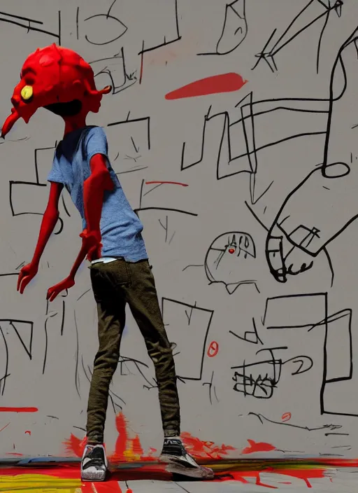 Prompt: hyperrealistic 3D monsters sneaking up on a boy, in the style of Jean-Michel Basquiat, Trending on artstation, cinematic, hyper realism, octane render, 8k, depth of field