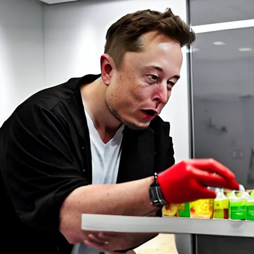 Image similar to elon musk pouring ketchup in a caja - madrid office.