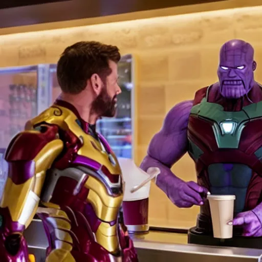 Image similar to thanos working at starbucks serving a latte to iron man, ultra realistic, 8 k, cinematic