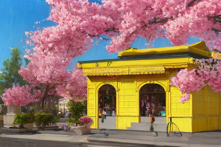 Image similar to painting of a yellow waffle house front view, rococo style, greek architecture, pink marble building, sakura trees, sakura season dynamic lighting, landscape, artwork by jeremy lipkin and giuseppe dangelico pino and michael garmash and rob rey and greg manchess and huang guangjian and makoto shinkai, pixiv, 1 0 0 mm