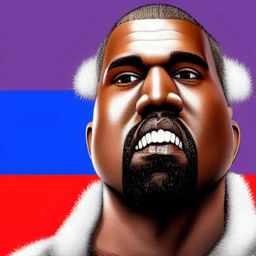 Image similar to Depiction of Kanye West as a Russian President, Russian flag on the background, happy Kanye, extremely detailed eyes, fantastic details, full face, mouth, trending on artstation, pixiv, cgsociety, hyperdetailed, Unreal Engine, 4k, 8k ultra HD, Stanley Artgerm Lau, Ross draws, James Jean Marc Simonetti Ruan Jia, Mandy Jurgens, Artgerm and William-Adolphe Burger Sakimichan