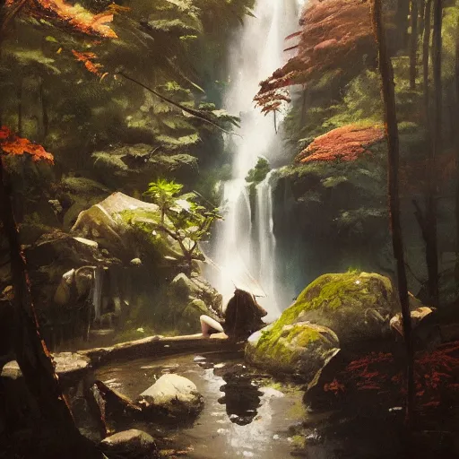 Prompt: Samurai resting in front of a waterfall inside a forest, oil painting, by Greg Rutkowski