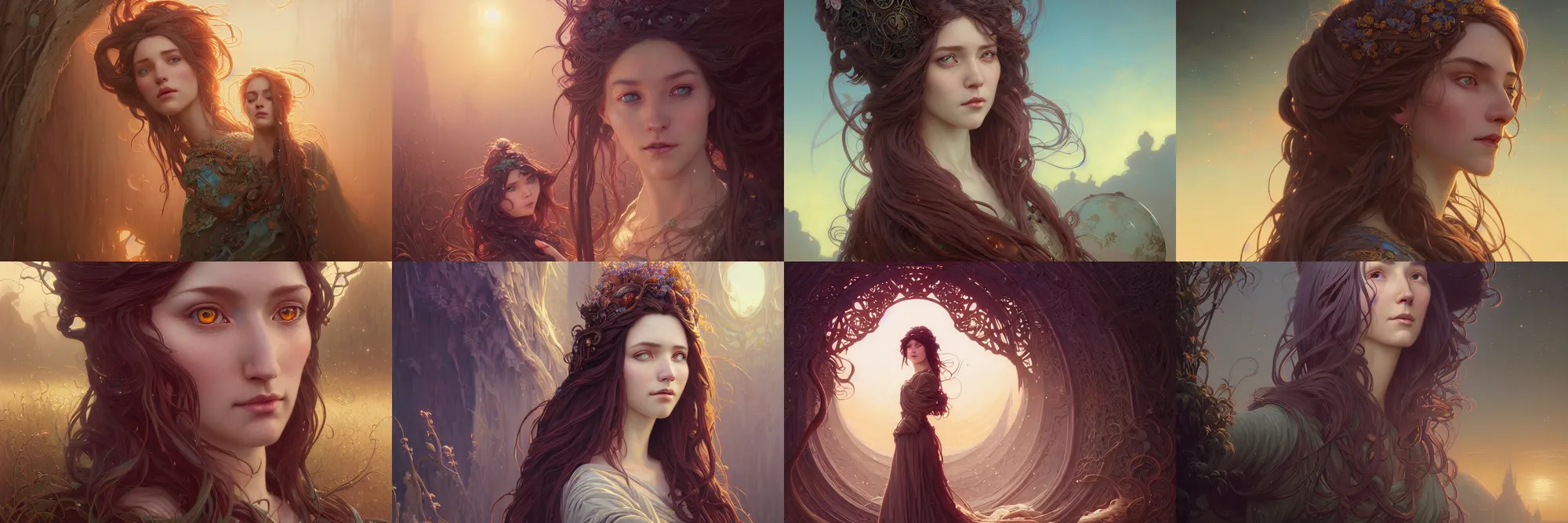 Image similar to highly detailed portrait of a woman with long hairs, stephen bliss, unreal engine, fantasy art by greg rutkowski, art nouveau, loish, rhads, ferdinand knab, makoto shinkai and lois van baarle, ilya kuvshinov, rossdraws, tom bagshaw, alphonse mucha, global illumination, radiant light, detailed and intricate environment