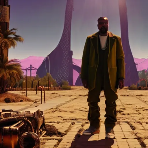 Image similar to Kanye West as willy wonka in fallout new vegas, splash art, movie still, cinematic lighting, dramatic, octane render, long lens, shallow depth of field, bokeh, anamorphic lens flare, 8k, hyper detailed, 35mm film grain